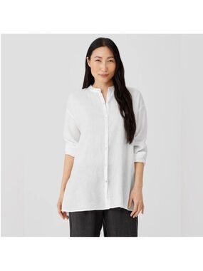 Eileen Fisher 100% Organic Linen Mandarin Collar Button-Down - White size Small